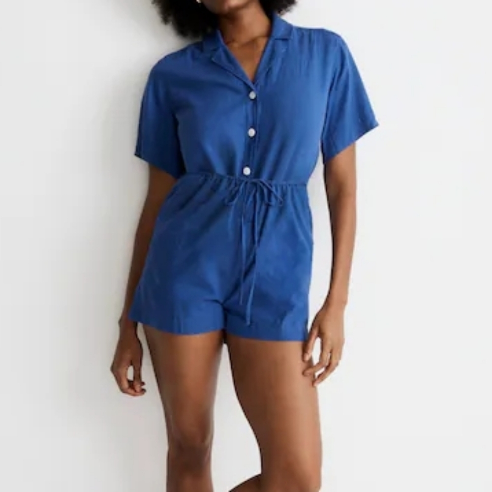 Madewell Washed Blue Linen Button Front Romper